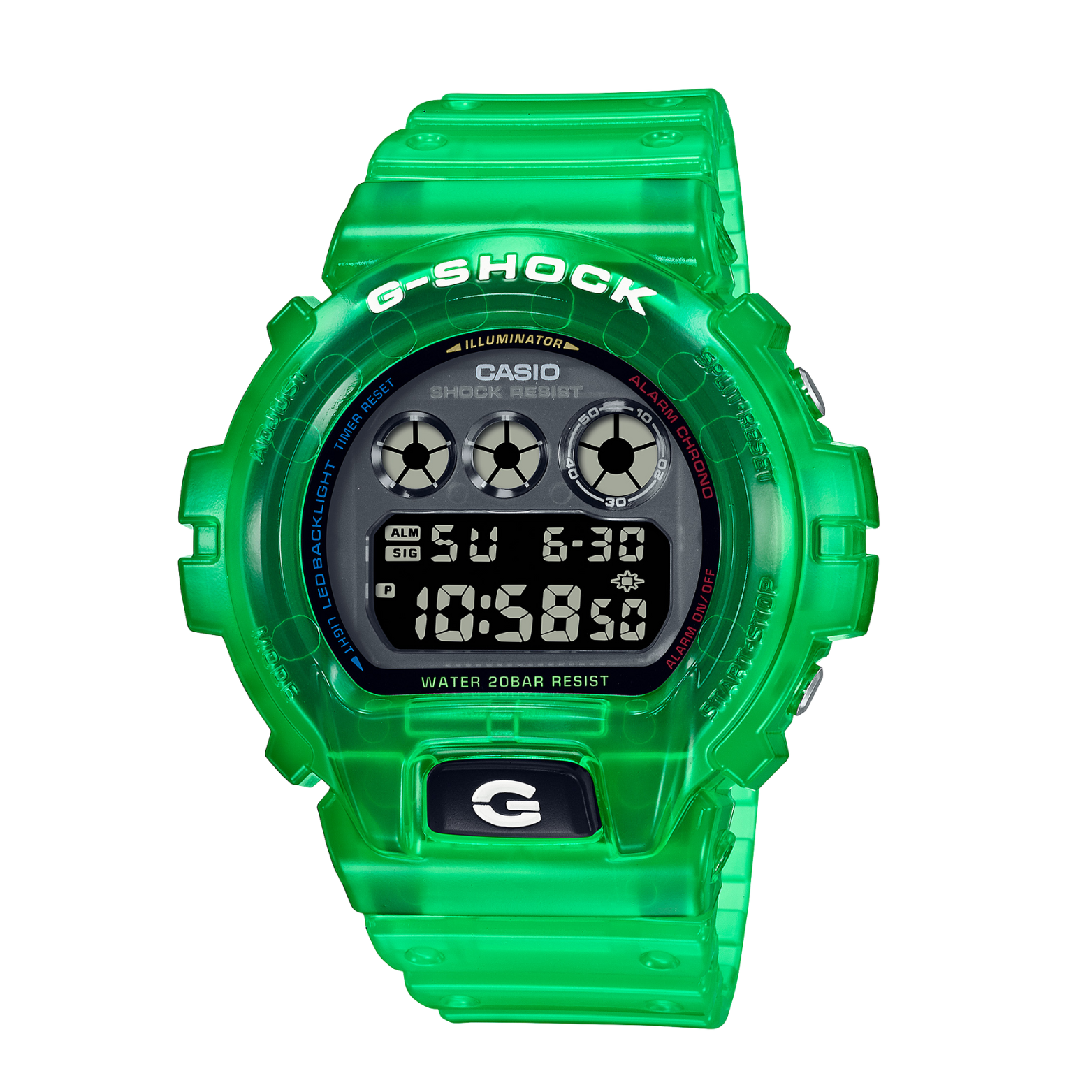 A green CASIO G-SHOCK digital watch with a resin band and casing, displaying time and various watch features on its digital screen.