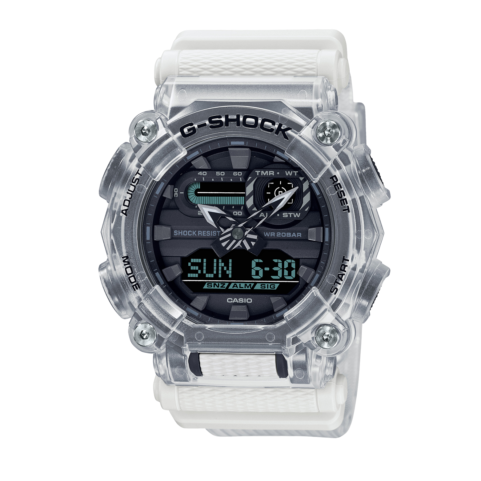 A CASIO G-SHOCK watch with a clear resin band and a digital display showing time, date, and various watch features.
