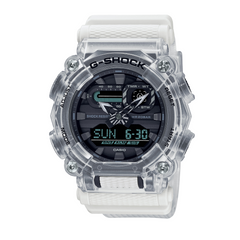 A CASIO G-SHOCK watch with a clear resin band and a digital display showing time, date, and various watch features.