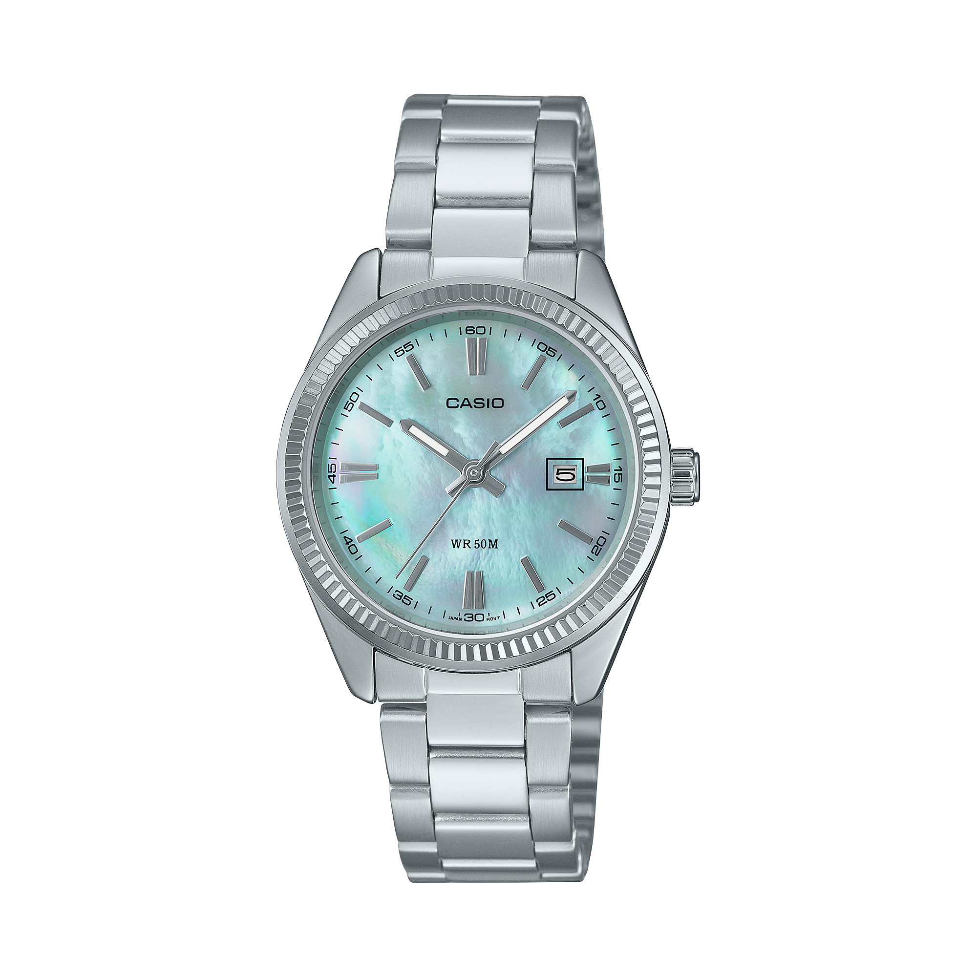 Silver Casio watch with a light blue face