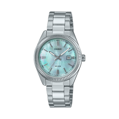 Silver Casio watch with a light blue face