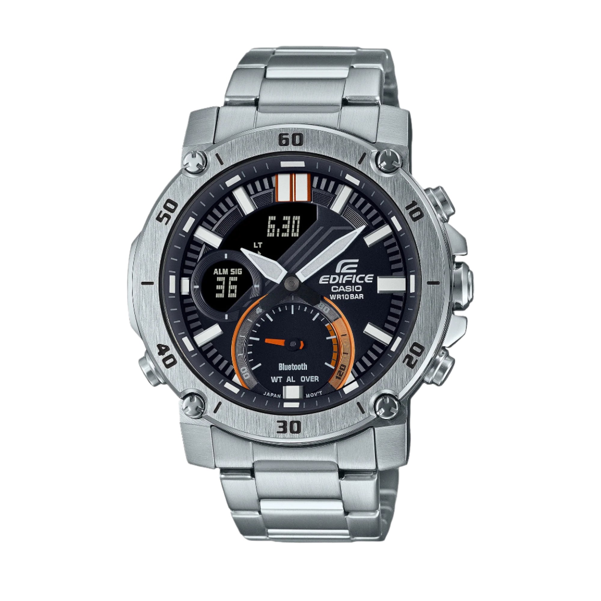 A Casio Edifice ECB-20D-1A watch with a stainless steel band and a digital display showing time and various features such as stopwatch and world time.