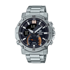 A Casio Edifice ECB-20D-1A watch with a stainless steel band and a digital display showing time and various features such as stopwatch and world time.