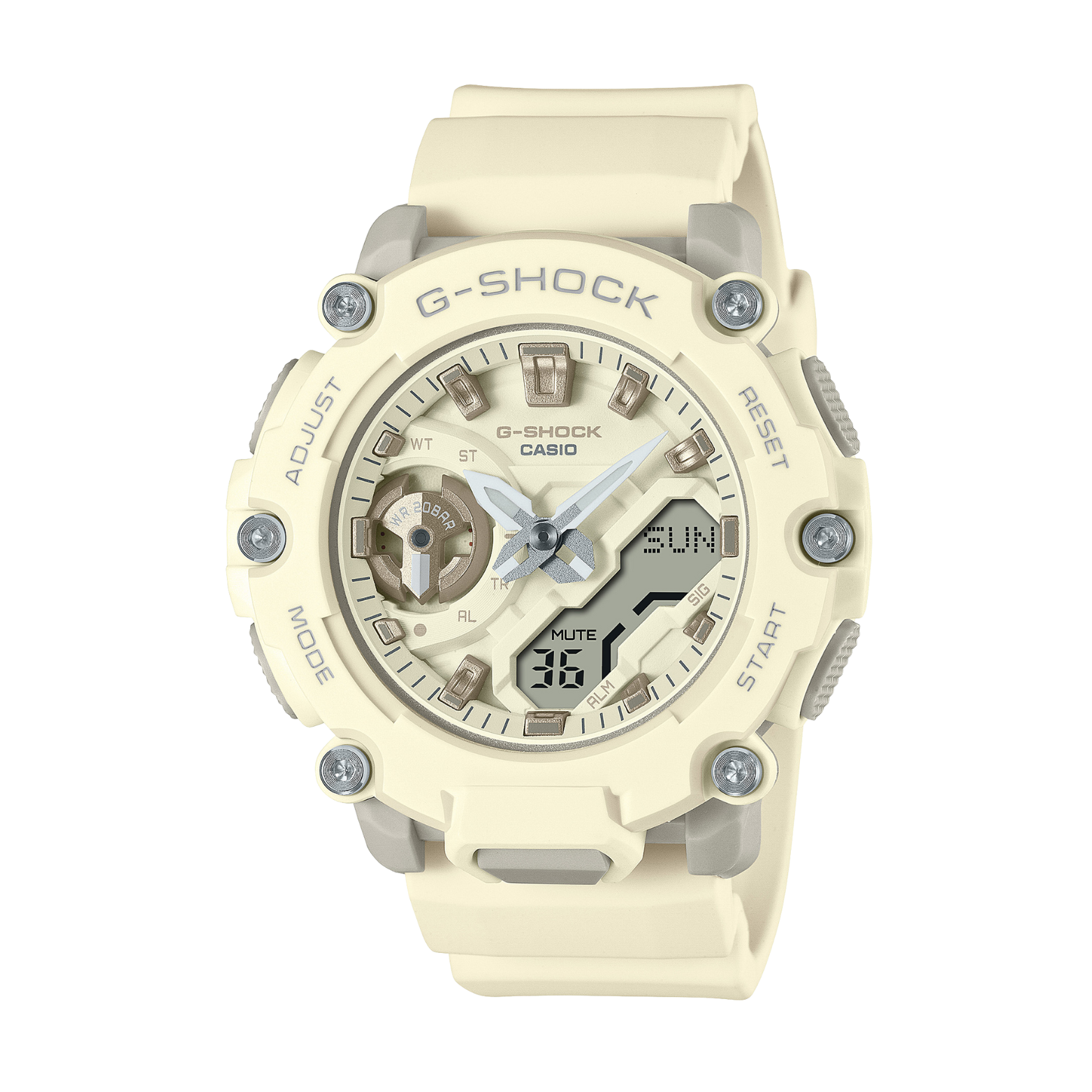 A beige CASIO G-SHOCK watch with an analog dial and resin band.