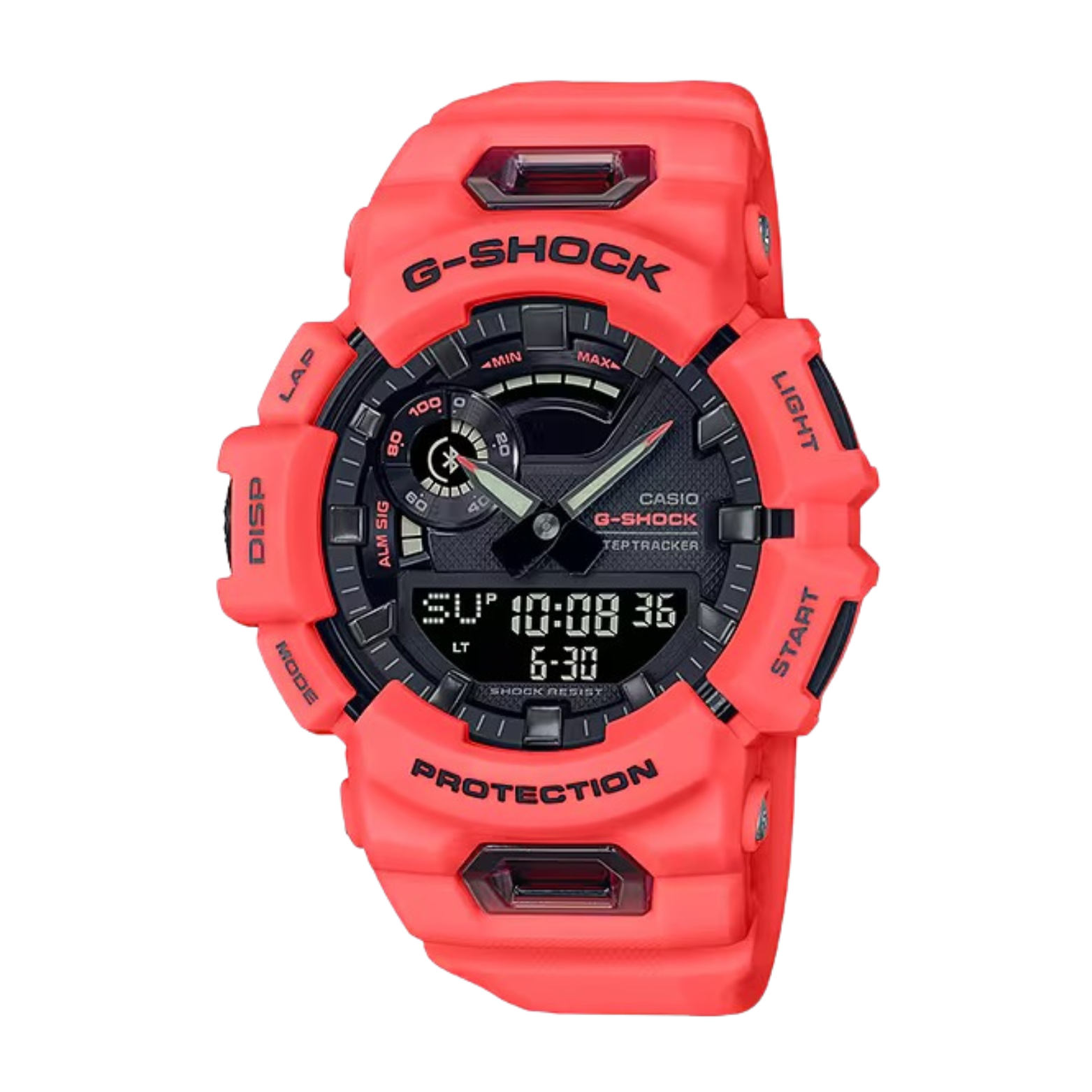A red CASIO G-SHOCK watch with a digital display, featuring a black dial and red straps.