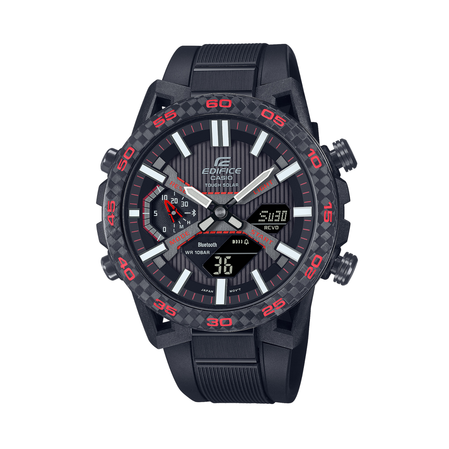 A Casio Edifice ECB-2000PB-1A watch with a black band, black case, and black dial featuring red accents and a digital display.