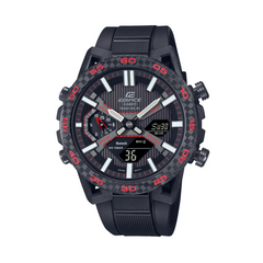 A Casio Edifice ECB-2000PB-1A watch with a black band, black case, and black dial featuring red accents and a digital display.