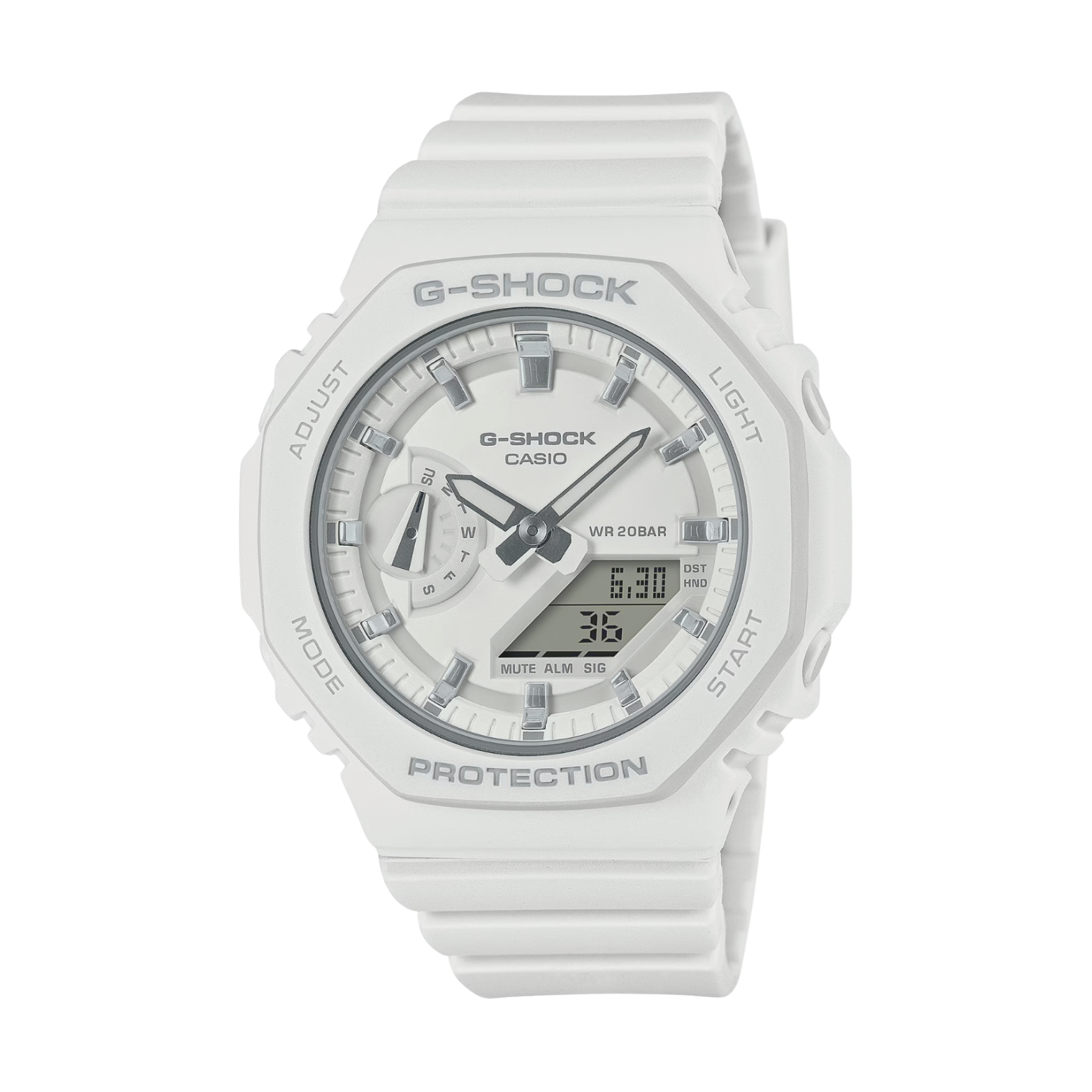 A white CASIO G-SHOCK watch with an analog dial and a resin band.