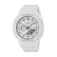 A white CASIO G-SHOCK watch with an analog dial and a resin band.
