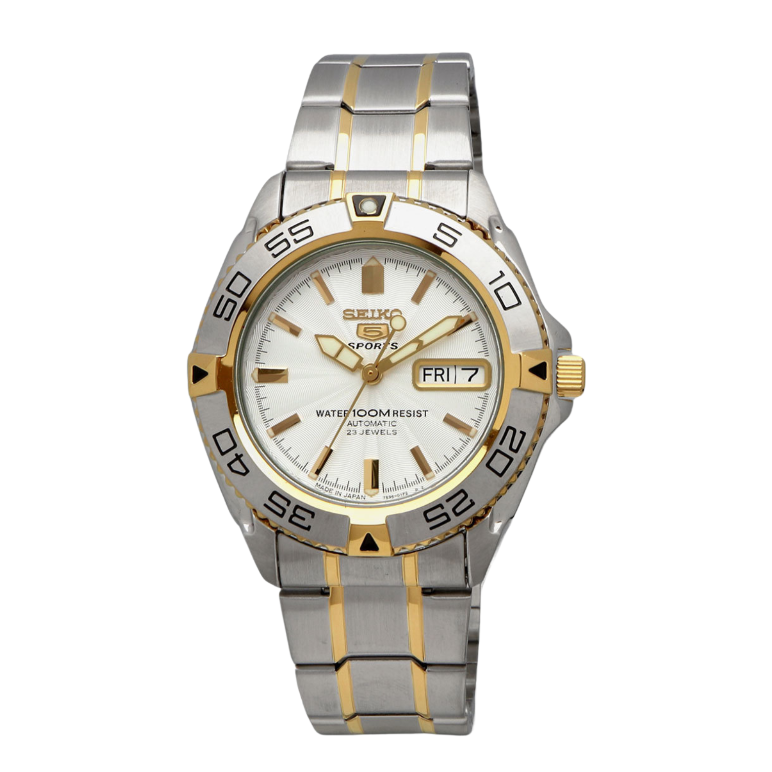 A Seiko watch with a white dial, two-tone stainless steel bracelet, and gold accents.