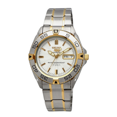A Seiko watch with a white dial, two-tone stainless steel bracelet, and gold accents.