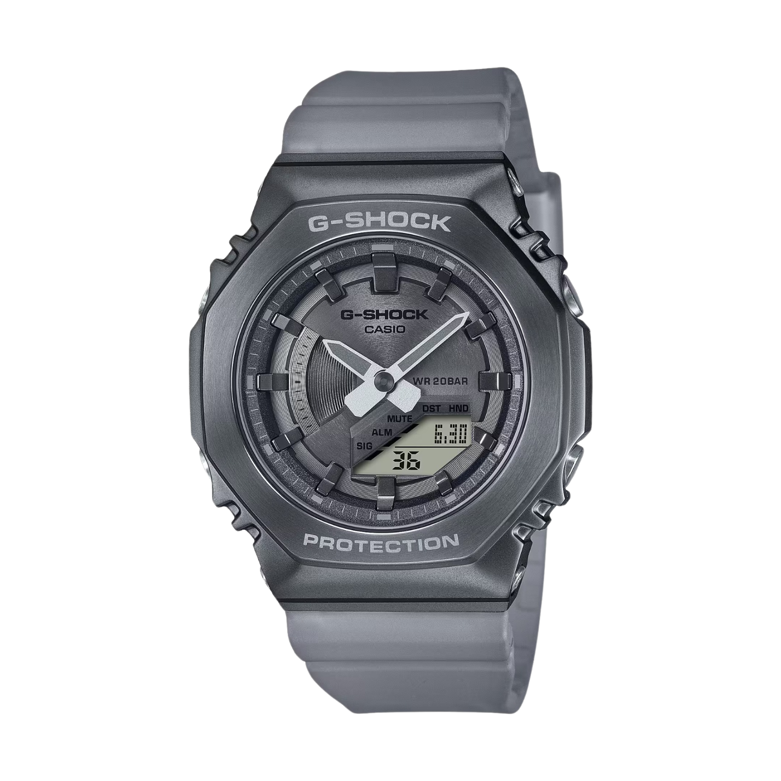 A gray CASIO G-SHOCK watch with a digital display and resin band.