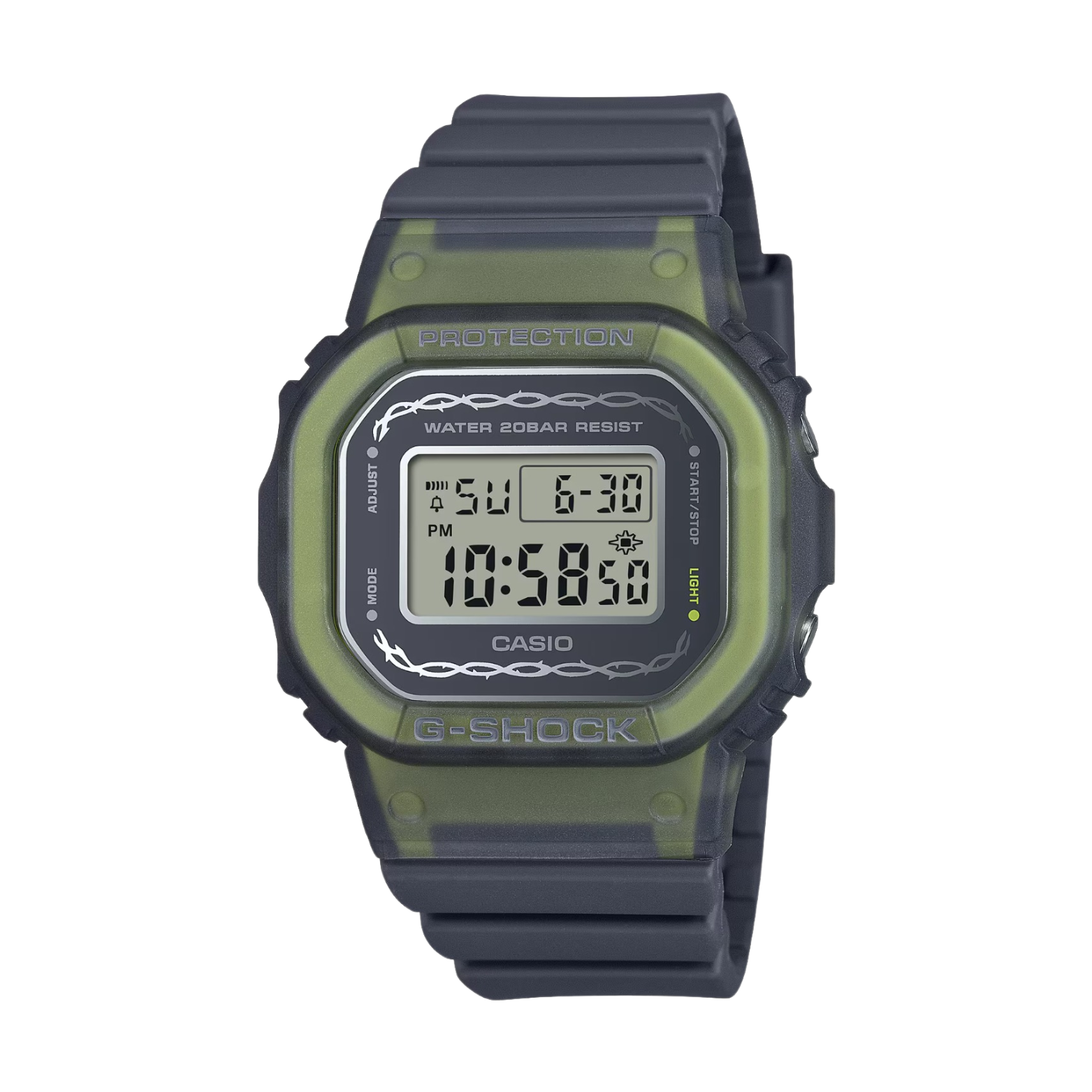 A digital CASIO G-SHOCK watch with a green resin band and black case, displaying time and various watch features on its digital screen.
