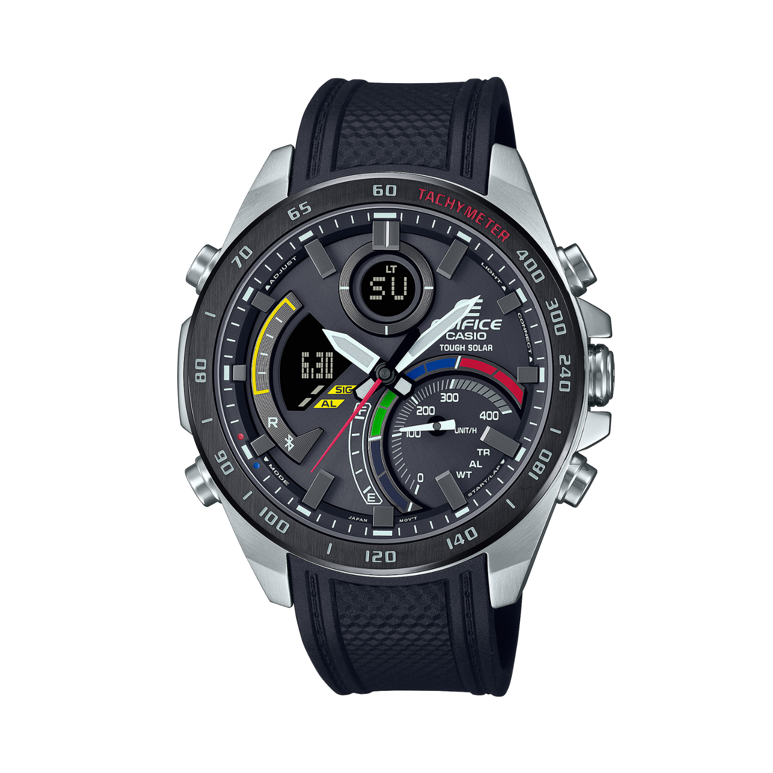 A Casio Edifice ECB-900MP-1ADF watch with a black band, black case, and a digital display showing time and various watch features.