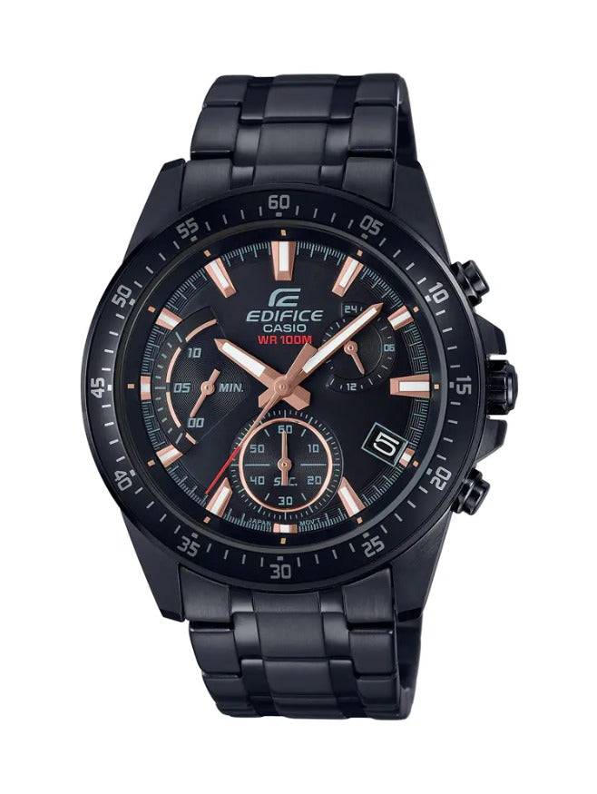 A Casio Edifice EFV-540DC-1BVUDF watch with a black ion-plated case and a black band, featuring a rose gold dial and silver accents.