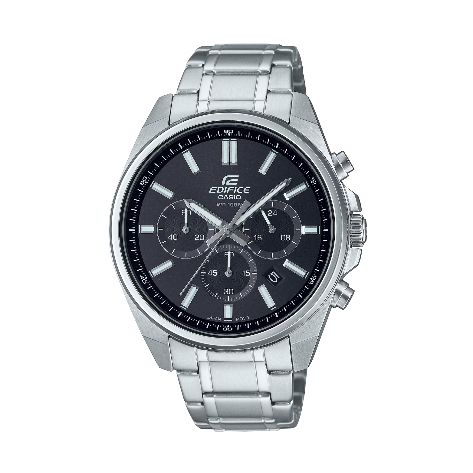 Silver Casio Edifice watch with black dial on a white background
