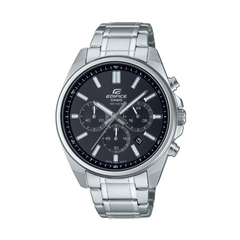 Silver Casio Edifice watch with black dial on a white background