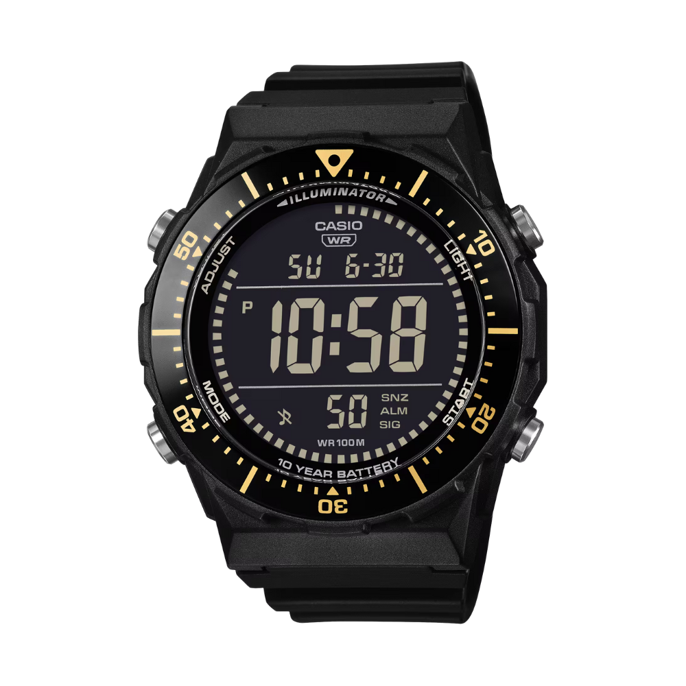 Black Casio digital watch with yellow accents on a white background