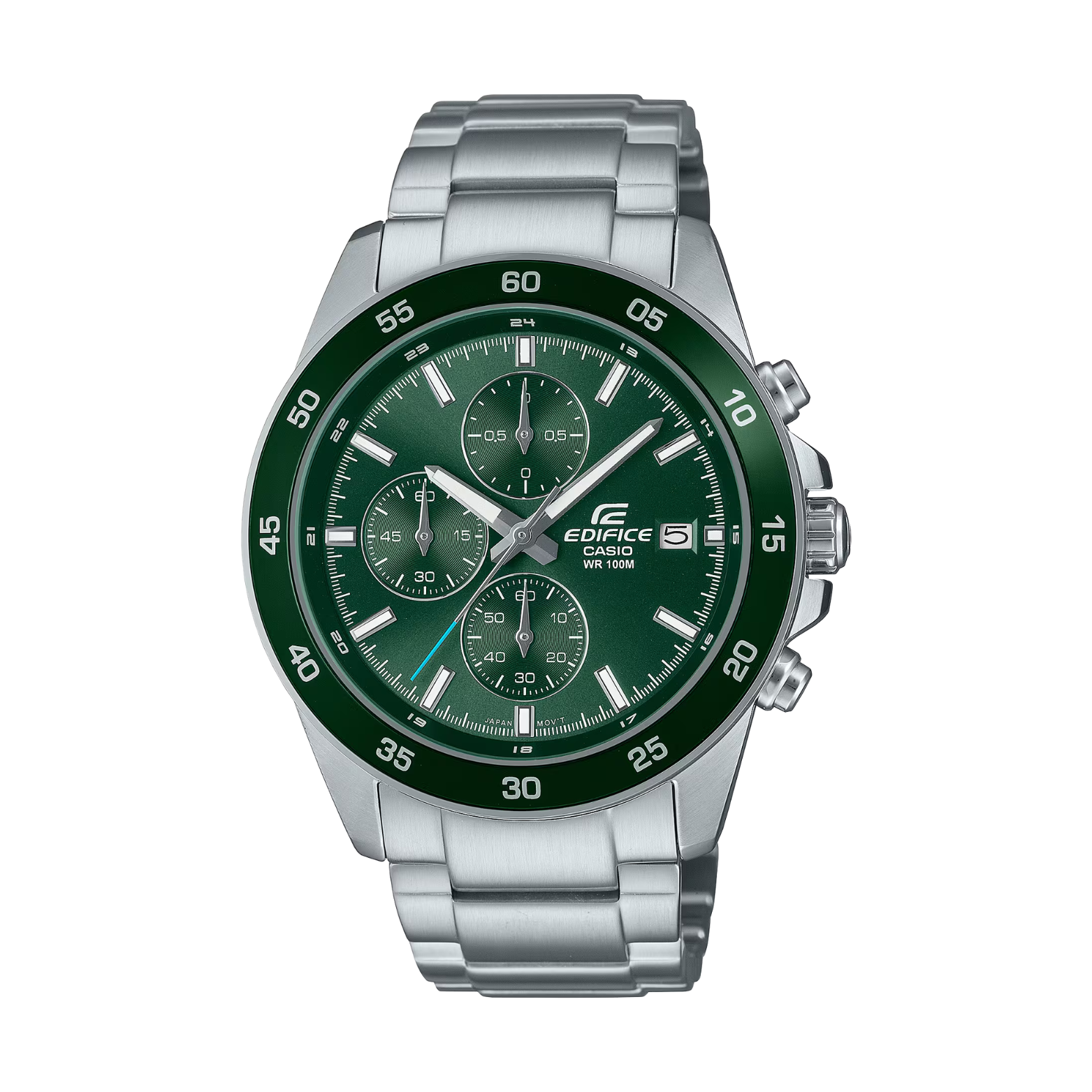 Edifice watch with green dial and silver bracelet on a white background