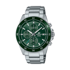 Edifice watch with green dial and silver bracelet on a white background