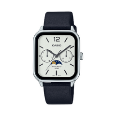 A Casio analog watch with a black leather band and a silver stainless steel case, featuring a white dial with moon phase and date displays.
