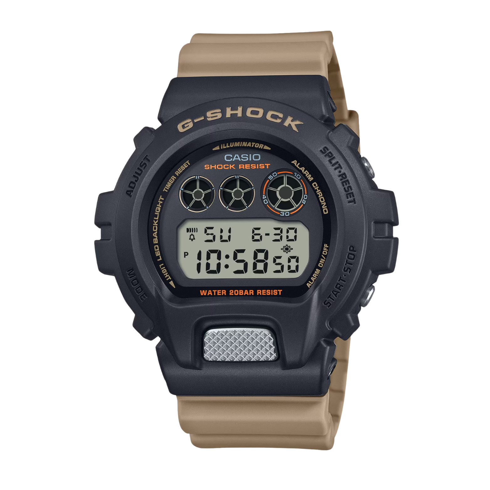 A Casio G-Shock digital watch with a black case and a tan resin band, displaying time and various watch features on its digital screen.