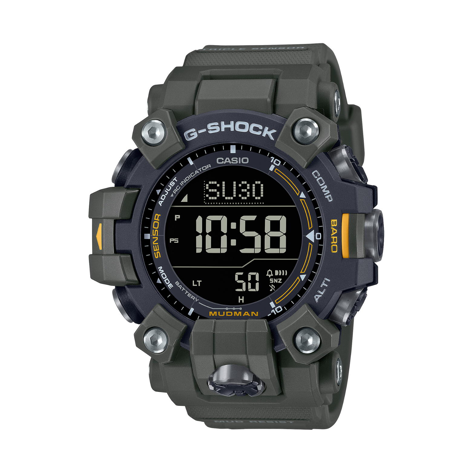 A digital CASIO G-SHOCK watch with a black band and casing, displaying time and various features on its digital screen.