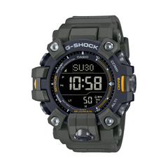 A digital CASIO G-SHOCK watch with a black band and casing, displaying time and various features on its digital screen.