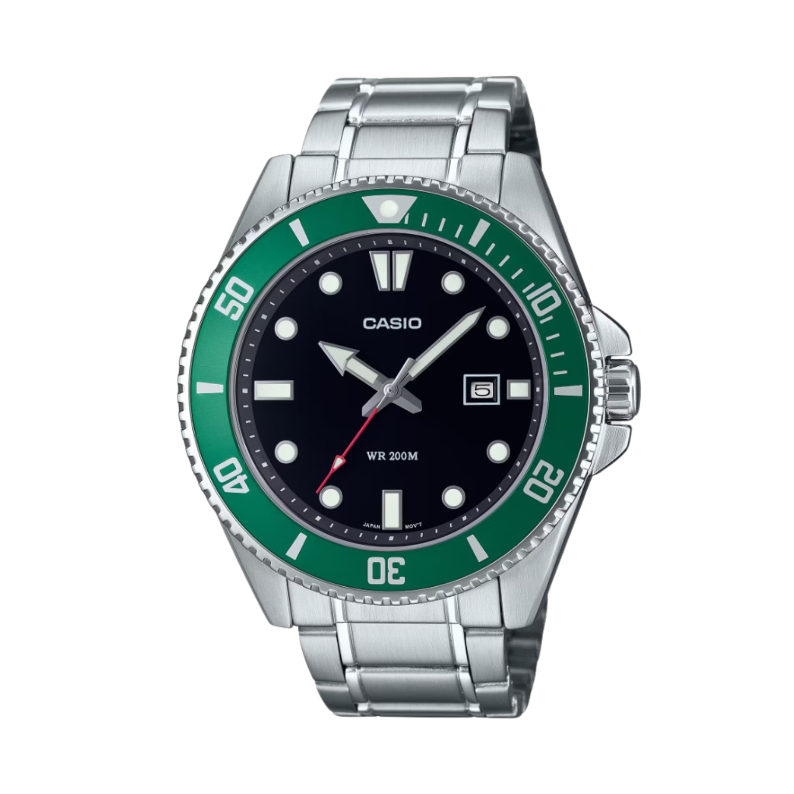 A CASIO analog watch with a green bezel, silver stainless steel band, and a black dial.