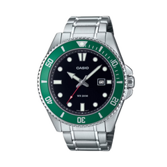 A CASIO analog watch with a green bezel, silver stainless steel band, and a black dial.