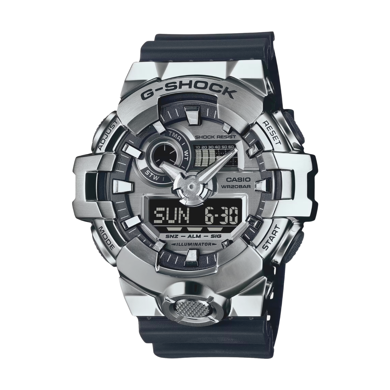 A Casio G-Shock GM-700-1A watch with a digital display, featuring a black band and silver-tone case.
