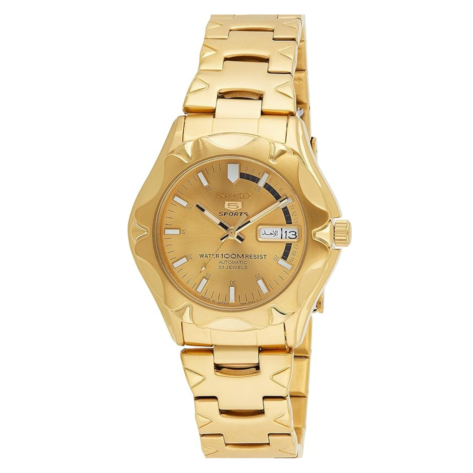 A gold-tone Seiko automatic watch with a round dial and analog display, featuring a fold-over clasp.
