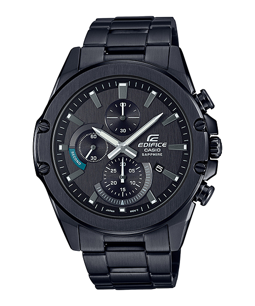 A black CASIO EDIFICE analog watch with a stainless steel band and case, featuring a black ion plated surface and a tachymeter dial.
