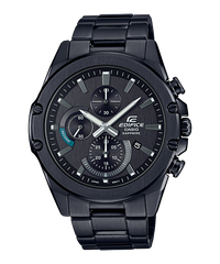 A black CASIO EDIFICE analog watch with a stainless steel band and case, featuring a black ion plated surface and a tachymeter dial.