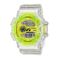 A Casio G-Shock GA-400SK-1A9DR digital watch with a green band and dial, alongside a clear resin case.