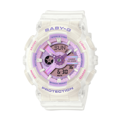 White and purple Casio Baby-G watch on a white background