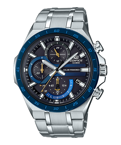 A Casio Edifice EQS-920DB-2AVUDF watch with a blue ion plated bezel, stainless steel band, and a solar panel on the dial.