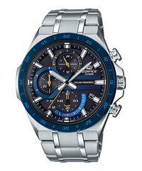 A Casio Edifice EQS-920DB-2AVUDF watch with a blue ion plated bezel, stainless steel band, and a solar panel on the dial.