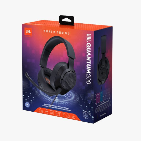 Boxed JBL Quantum 200 wired over-ear gaming headset with flip-up mic, predominantly black with some orange detailing on the packaging.