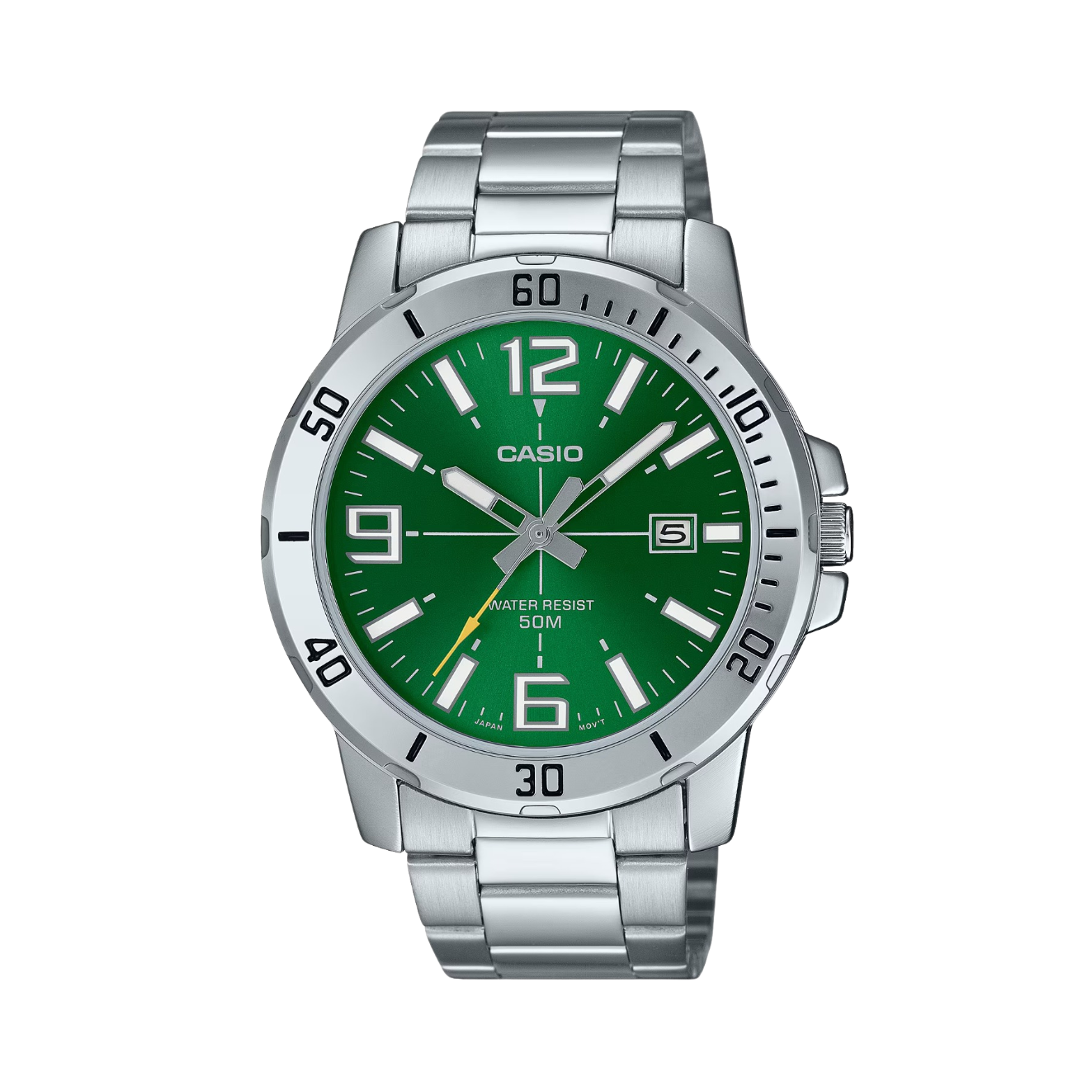 Casio watch with green dial and silver metal strap on a white background