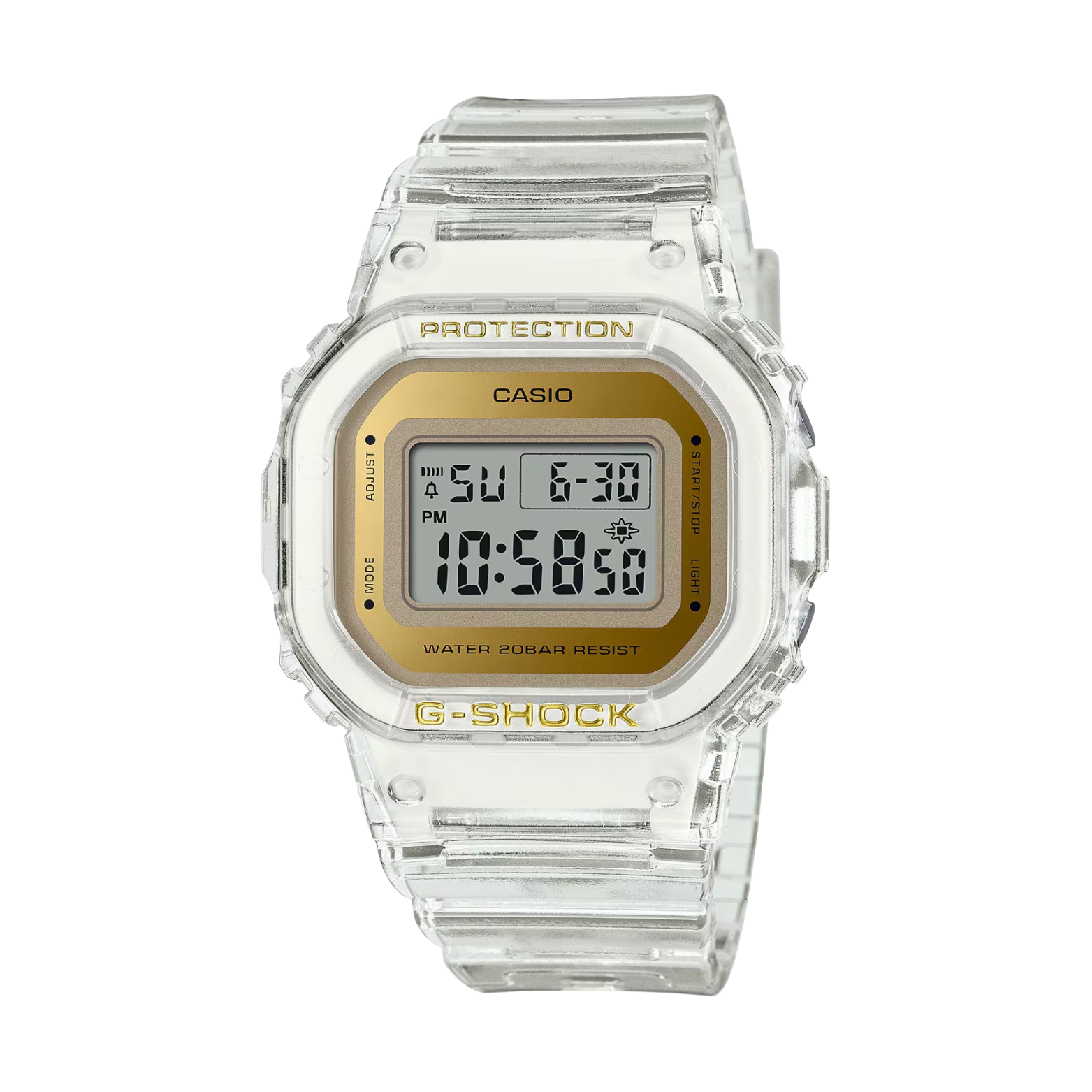A CASIO G-SHOCK watch with a clear resin band and a digital display showing time and date, with the features of stopwatch, countdown timer, and alarm highlighted.