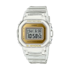 A CASIO G-SHOCK watch with a clear resin band and a digital display showing time and date, with the features of stopwatch, countdown timer, and alarm highlighted.