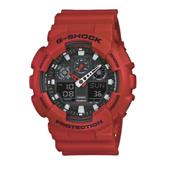 A red CASIO G-SHOCK analog-digital watch with a black dial and red bands, displaying time and various watch features.