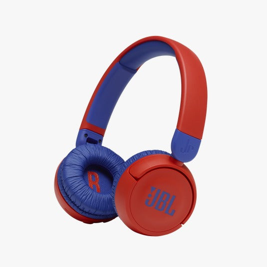 A pair of red and blue JBL JR310BT wireless on-ear headphones designed for kids.