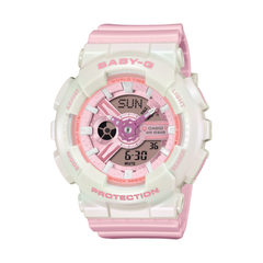 Pink and white Casio Baby-G watch on a white background