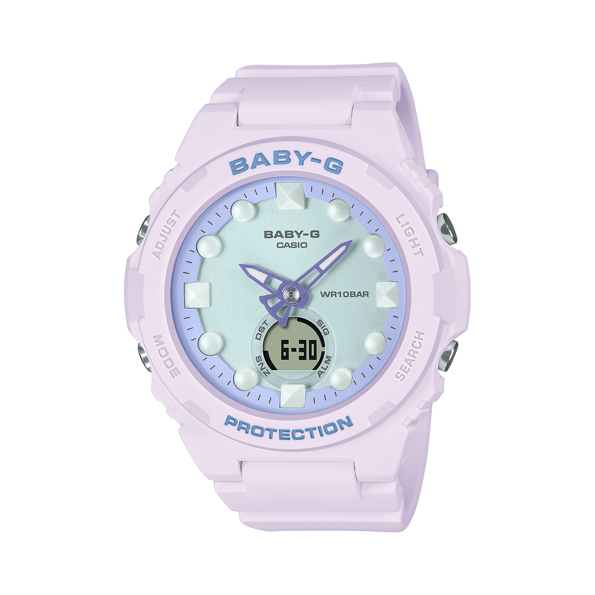 A Casio G-Shock BGA-320FH-4ADR watch with a white band and casing, blue accents on the dial, and digital and analog display.