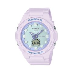 A Casio G-Shock BGA-320FH-4ADR watch with a white band and casing, blue accents on the dial, and digital and analog display.