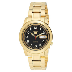 A gold-colored Seiko watch with a stainless steel bracelet and a black dial featuring luminous hands and a date display.