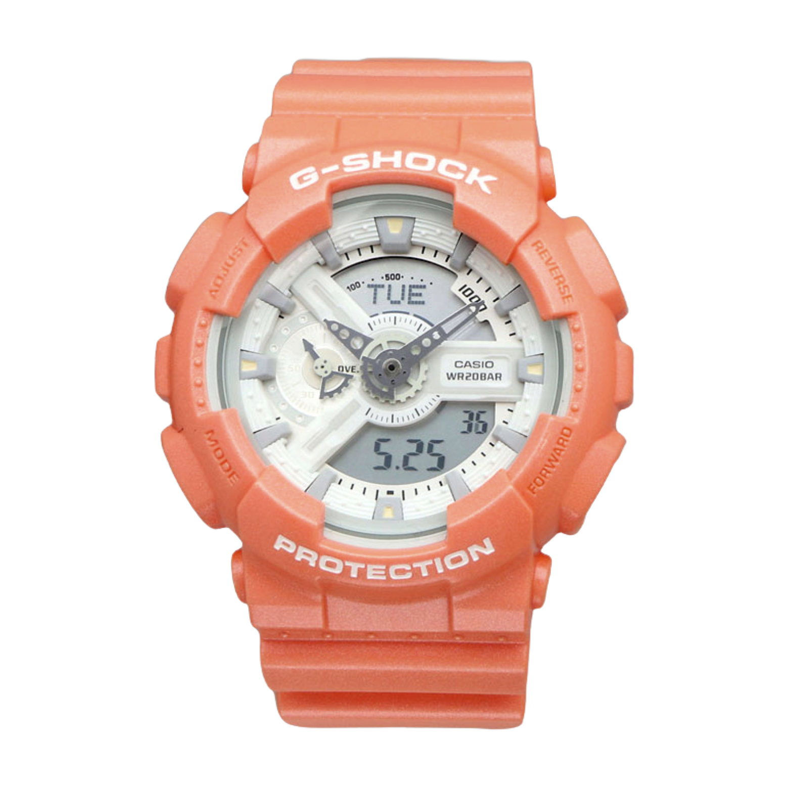 A Casio G-Shock analog-digital watch with a orange casing and a digital display.
