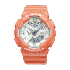 A Casio G-Shock analog-digital watch with a orange casing and a digital display.